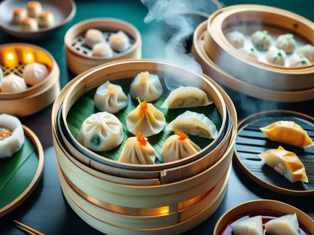 Un tradicional vaporera de bambú china llena de coloridos dim sum, en un bullicioso restaurante de dim sum en China