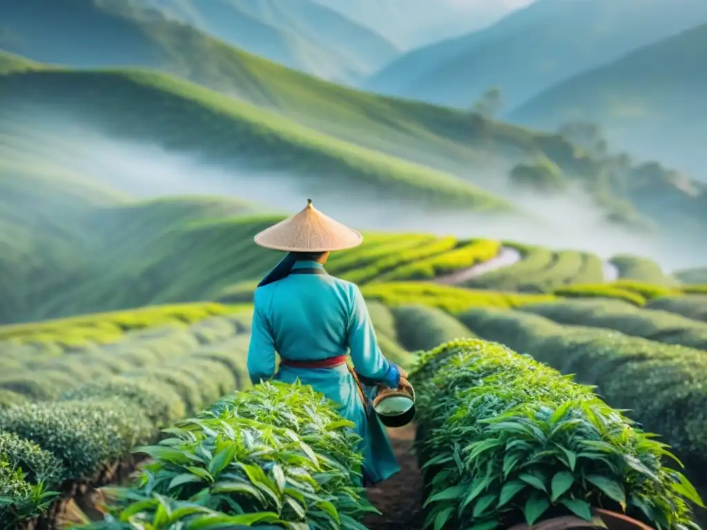 Un tranquilo jardín de té con arbustos verdes bajo el sol, montañas neblinosas al fondo