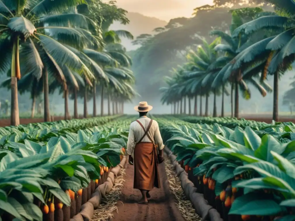 Un tranquilo cacaotal al atardecer, con árboles de cacao repletos de frutos maduros y un granjero cosechando