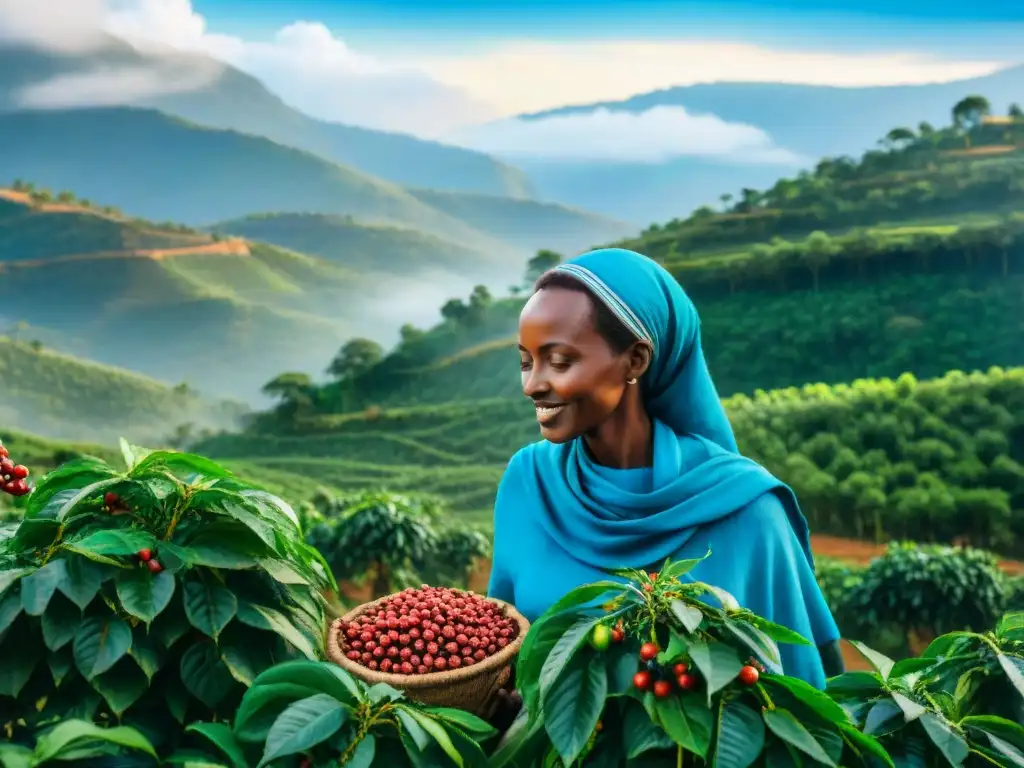 Una travesía del café en Etiopía: granja vibrante con recolectores de granos de café rojos, bajo un cielo azul brillante