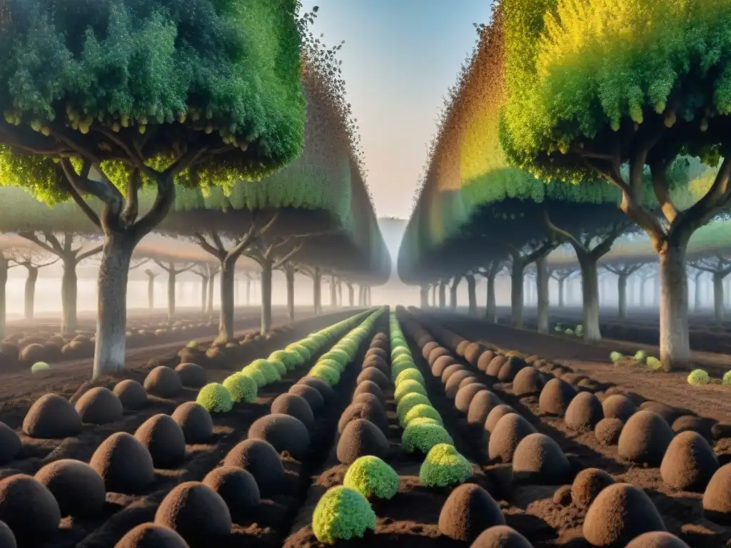 Plantación de trufas gourmet en la mañana, raíces entrelazadas en suelo oscuro y verde exuberante