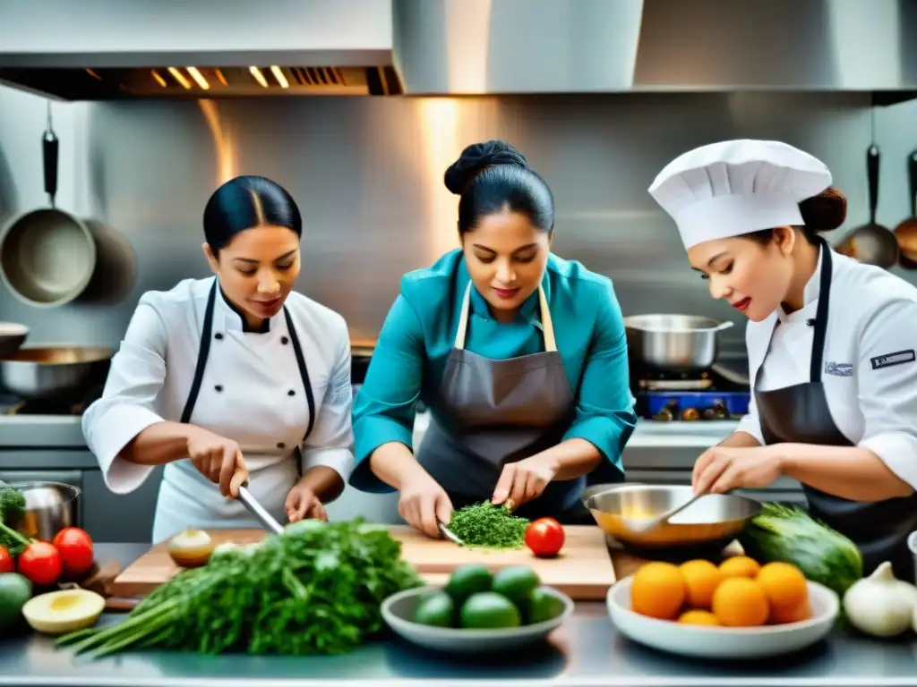 Unidas en la gastronomía moderna: mujeres chefs de diversas edades y etnias cocinan con pasión en una cocina profesional vibrante