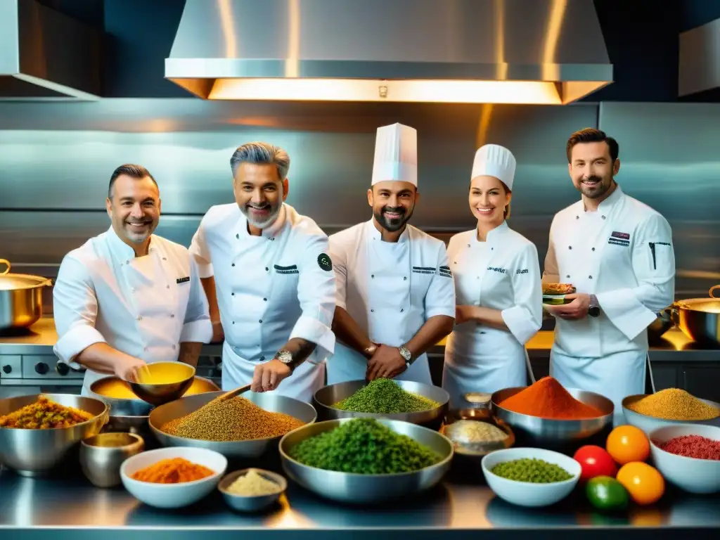 Unidos en la pasión por la cocina gourmet, maestros culinarios de todo el mundo preparan exquisitas recetas en una cocina de vanguardia