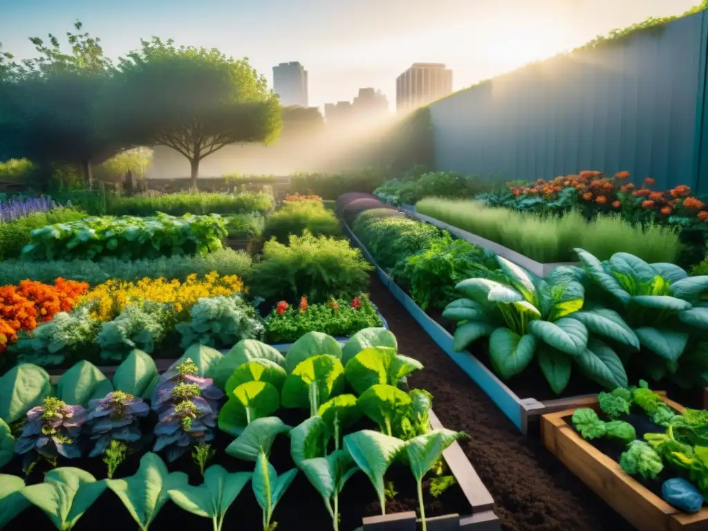 Un jardín urbano exuberante y colorido con vegetales y hierbas, abejas y mariposas dan vida