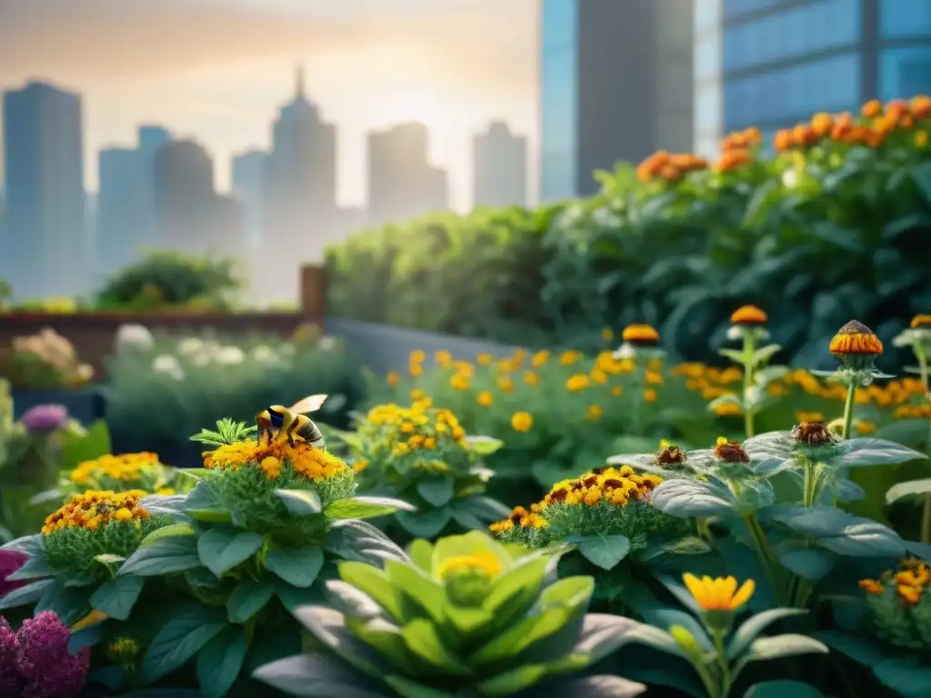 Un jardín urbano exuberante con plantas vibrantes y edificios modernos de fondo