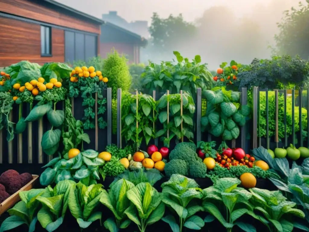 Un jardín urbano floreciente, lleno de frutas, verduras y flores vibrantes y saludables, resaltando la Composta gourmet para huerto urbano