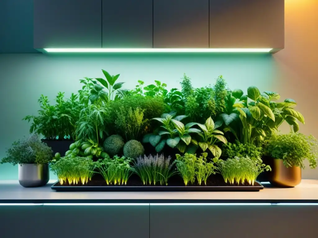 Un jardín urbano futurista con tecnologías verdes e innovadoras, lleno de plantas en vertical y luces LED cálidas