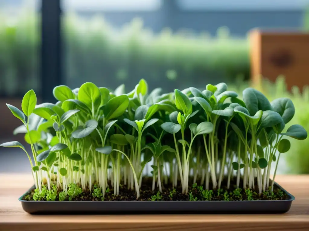 Un jardín urbano gourmet vibrante y sofisticado con microgreens de kale, rábano y rúcula en crecimiento, goteando rocío bajo la luz suave del sol