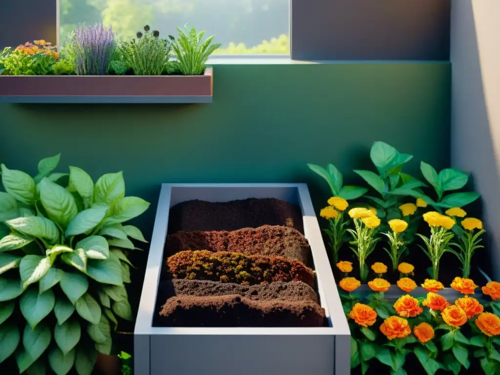 Un jardín urbano con plantas exuberantes y coloridas flores, composteras llenas de compost oscuro, manos cuidando plantas