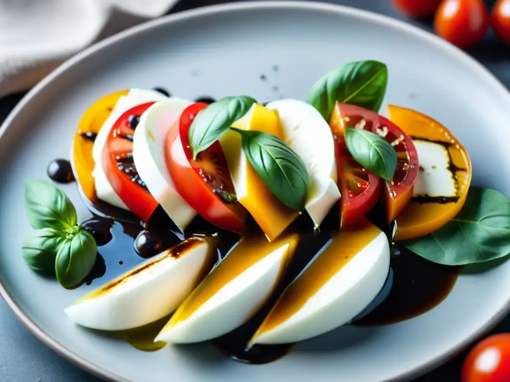 Usos creativos del vinagre balsámico vegano en una ensalada caprese vibrante y colorida