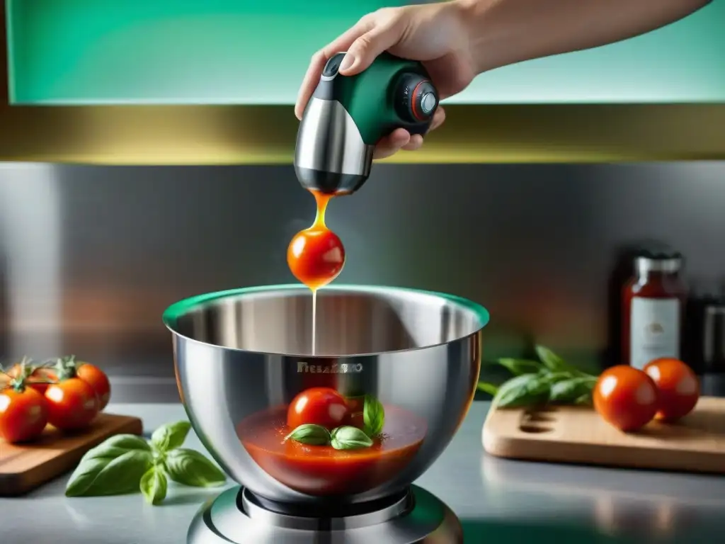 Utensilio de cocina siglo XX: Batidora flotante moderna crea remolino en salsa de tomate burbujeante en cocina elegante