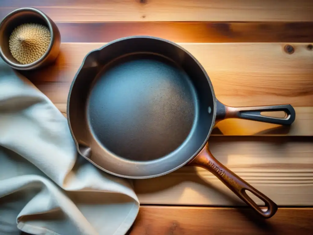 Utensilios cocina antiguos uso hoy: Sartén de hierro fundido en mesa rústica con patina de años y utensilios vintage