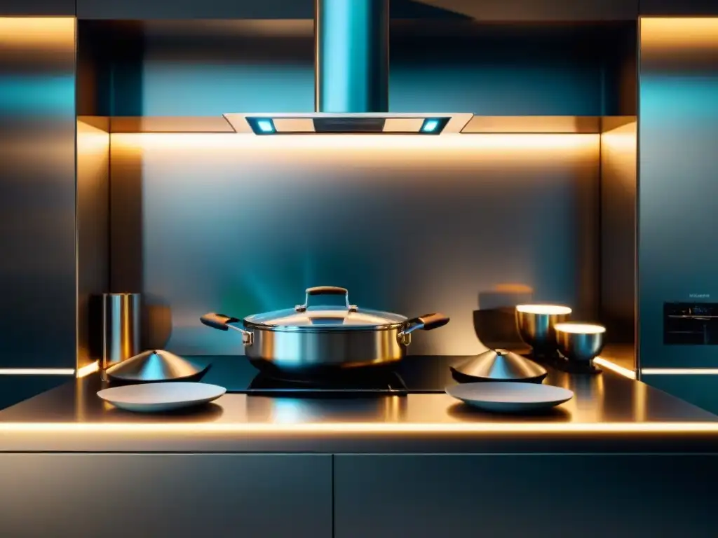 Utensilios de cocina siglo XX: Cocina futurista con utensilios metálicos y diseño innovador en iluminación ambiental suave