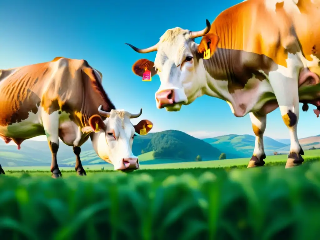 Vacas felices pastando en un idílico paisaje europeo, bajo un cielo azul y sol dorado