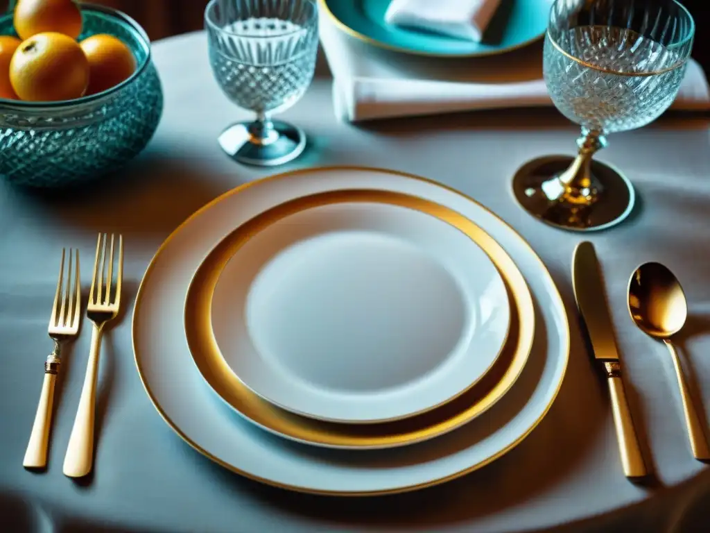 Exquisita mesa gourmet: arte en cada detalle Vajilla gourmet perfecta para elegir: mesa elegante con fina porcelana, cristalería y cubiertos de plata en ambiente lujoso