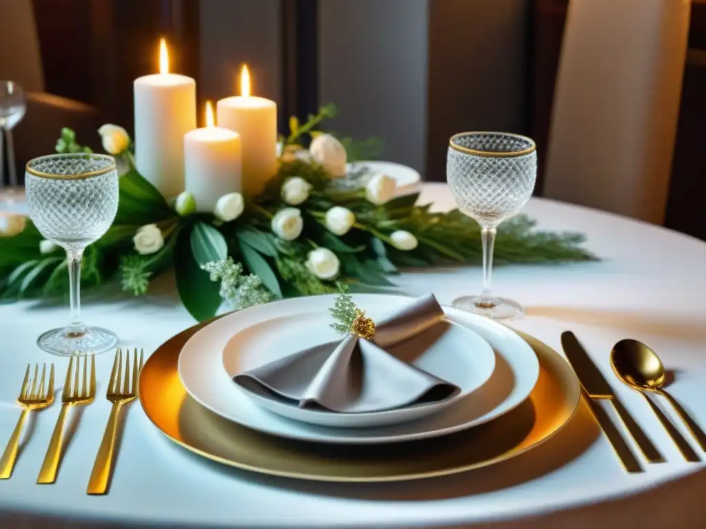 Vajillas de lujo para cena gourmet en elegante mesa de comedor con cristalería brillante, cubiertos de plata y flores frescas