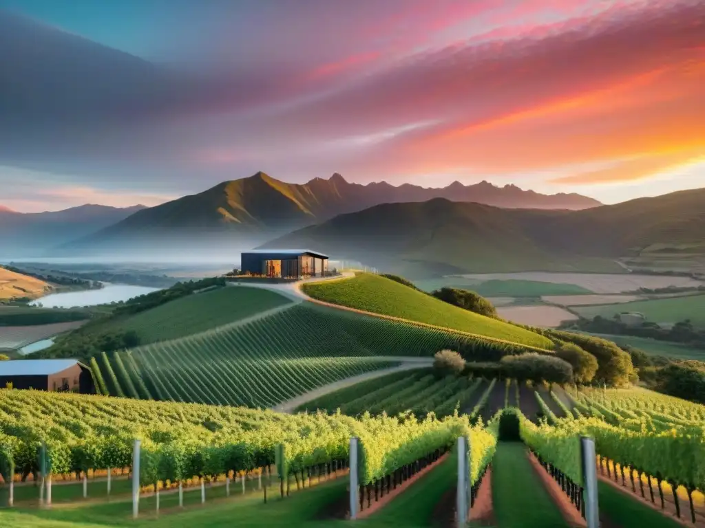 Viñedos vanguardistas en Nueva Zelanda: innovación y naturaleza fusionadas en una bodega futurista al atardecer