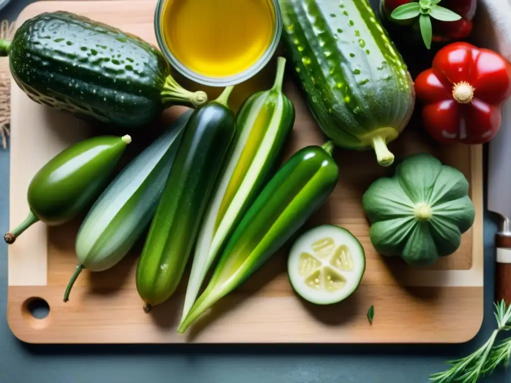 Una variada selección de encurtidos gourmet rápido, con vibrantes colores y formas, dispuestos sobre una tabla de madera rústica