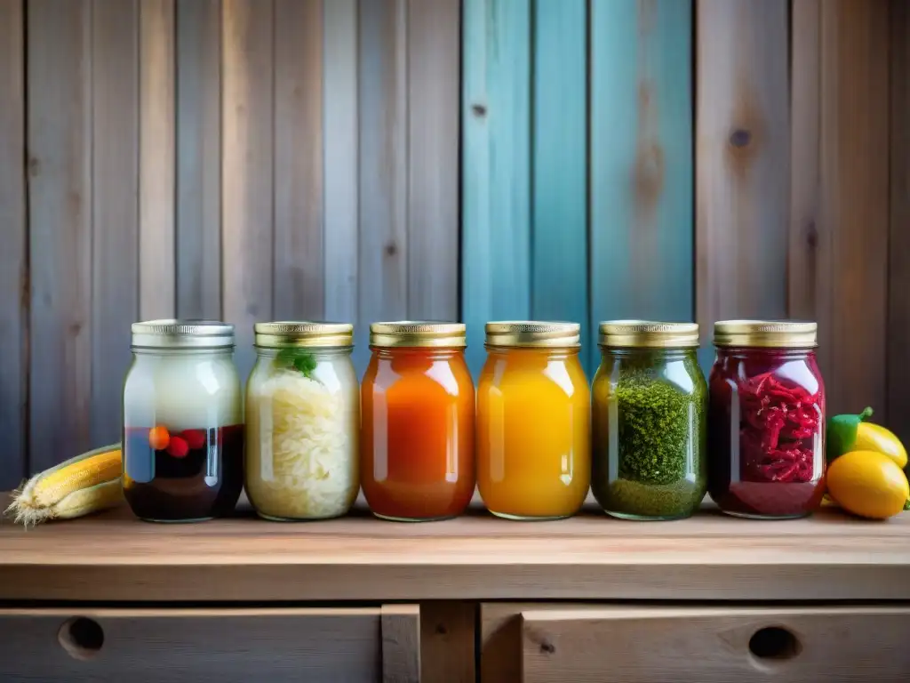 Delicias fermentadas: coloridas y saludables en mesa rústica Una variedad de alimentos fermentados coloridos y saludables en frascos y cuencos sobre una mesa de madera rústica