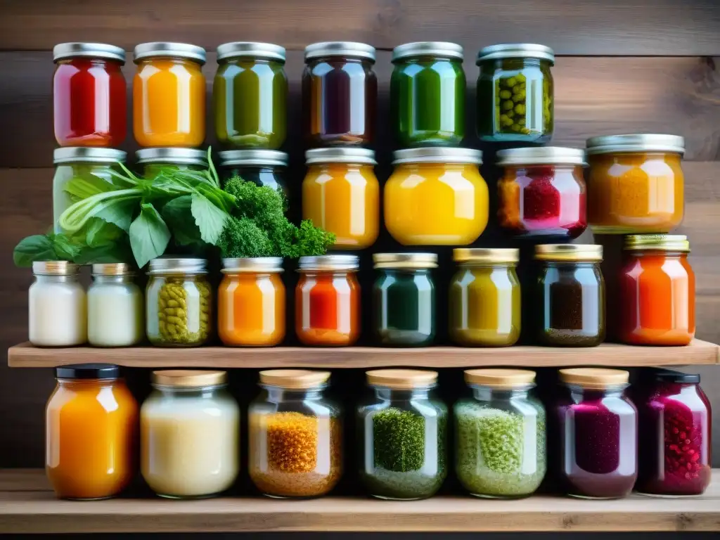 Deliciosos alimentos fermentados: colores y sabores vibrantes Una variedad de alimentos fermentados coloridos en una mesa de madera rústica, resaltando los beneficios saludables