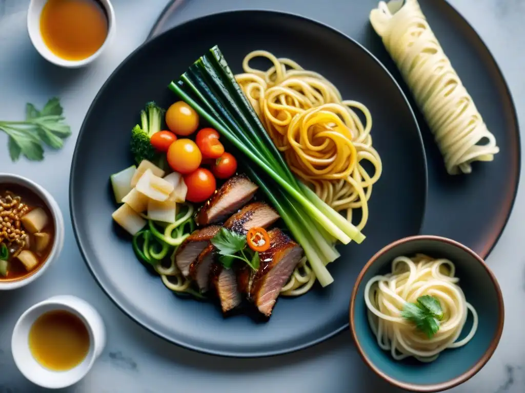 Una variedad de fideos gourmet asiáticos presenta una exhibición visualmente sorprendente y deliciosa