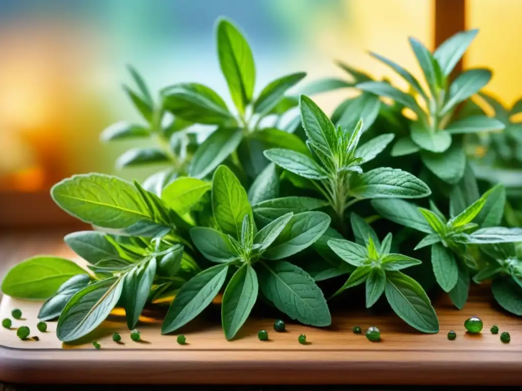 Variedad de hierbas aromáticas frescas, con colores vibrantes y beneficios para la salud, sobre tabla de madera con gotas de agua