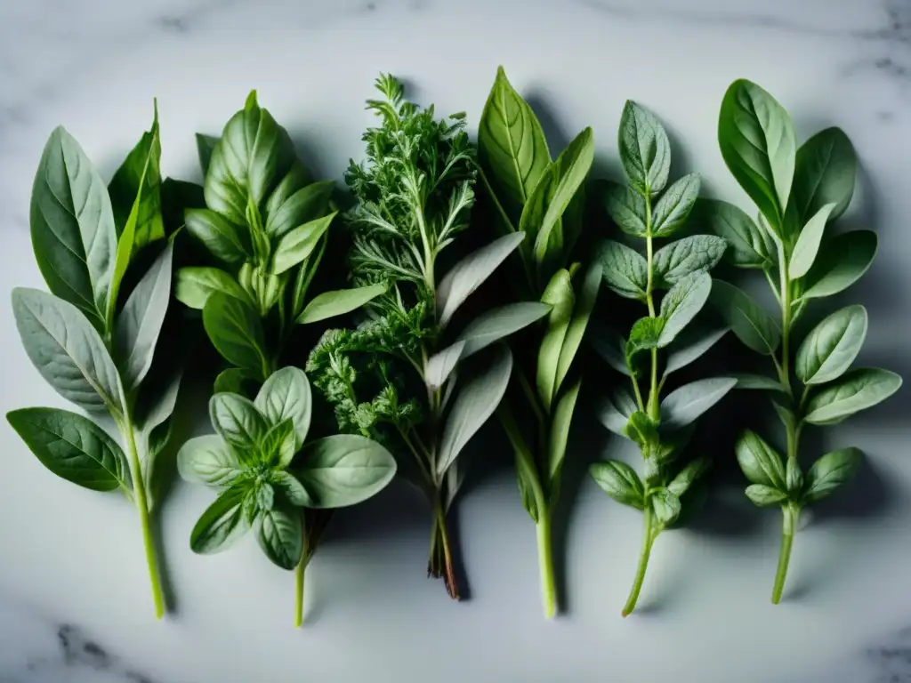 Variedad de hierbas esenciales de cocina de diferentes continentes: albahaca, romero, cilantro y menta frescos sobre encimera moderna