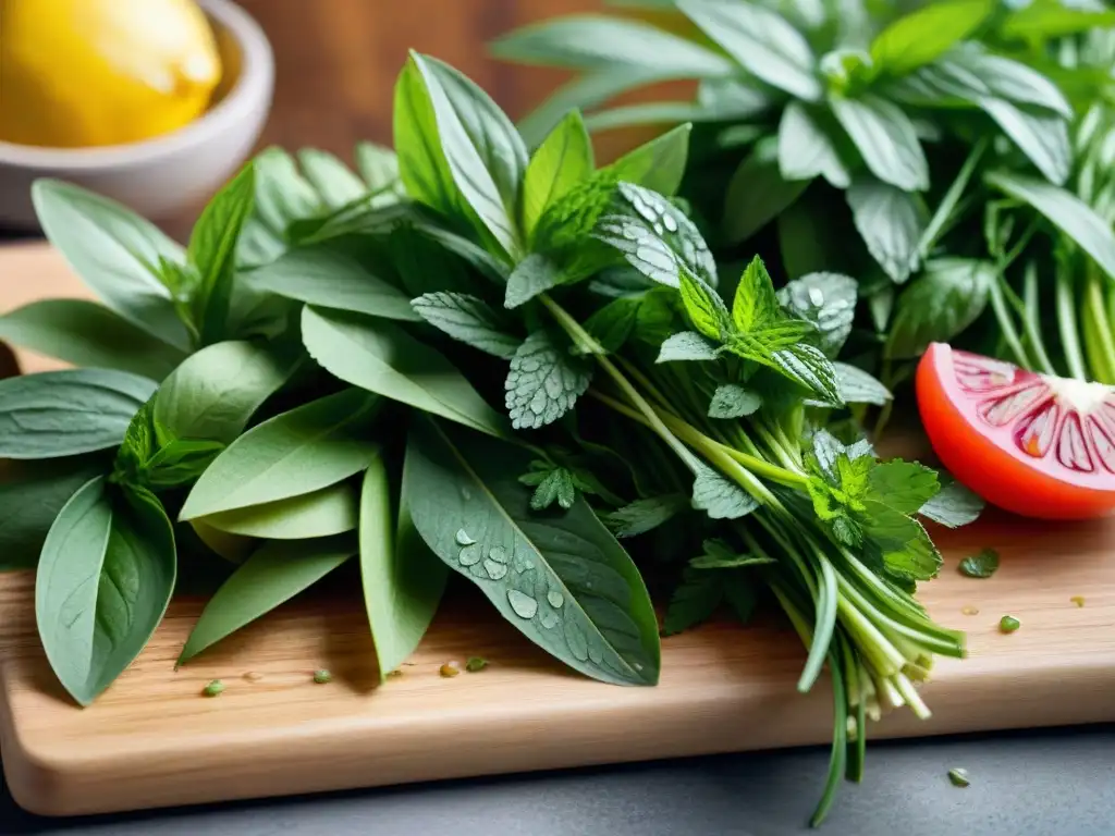 Una variedad de hierbas esenciales de la cocina asiática, frescas y aromáticas, sobre una tabla de madera rústica