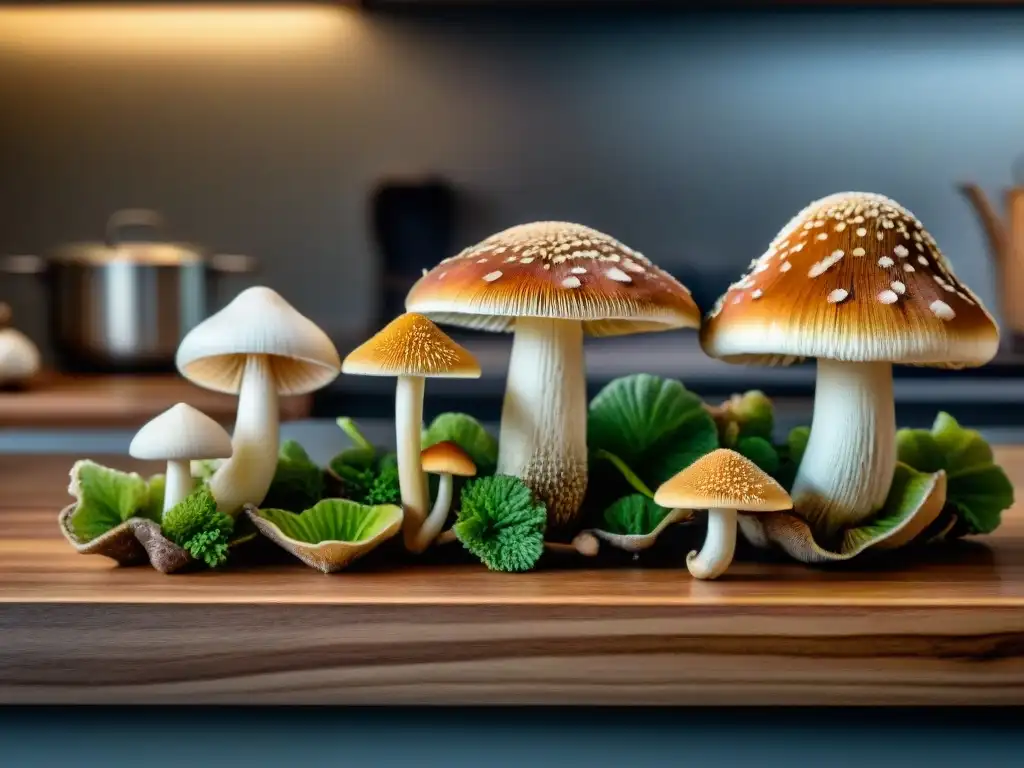 Una variedad de hongos asiáticos en la cocina: shiitake, enoki, shimeji y oreja de madera, iluminados suavemente, mostrando su belleza natural