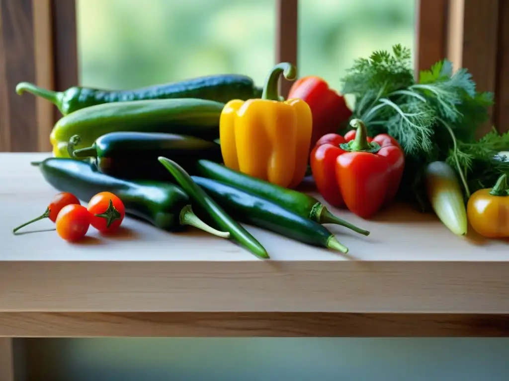 Una variedad de ingredientes orgánicos en encurtidos gourmet, dispuestos de forma vibrante en una mesa rústica