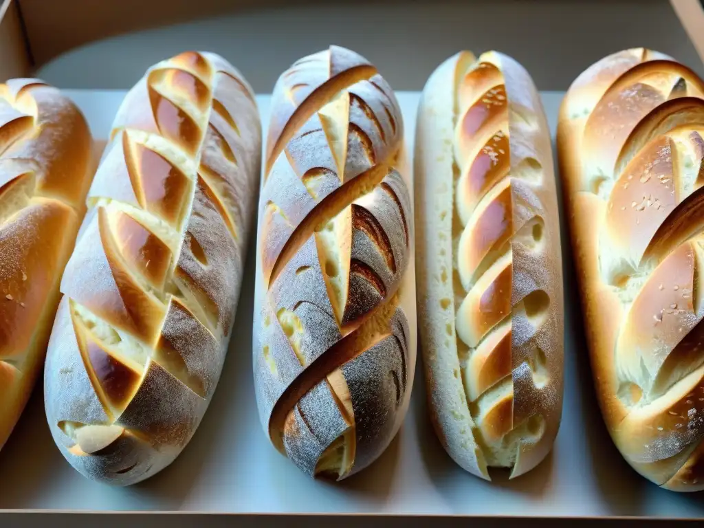 Una variedad de panes artesanales internacionales gourmet, cada uno decorado con patrones únicos, exhibidos en una panadería bajo cálida iluminación