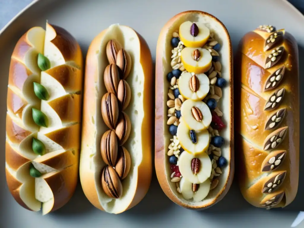 Una variedad de panes artesanales recién horneados, decorados con frutas, nueces y semillas, creando una exhibición culinaria impresionante