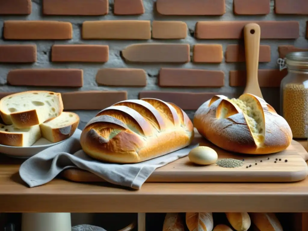 Una variedad de panes artesanales recién horneados sobre una mesa de madera rústica