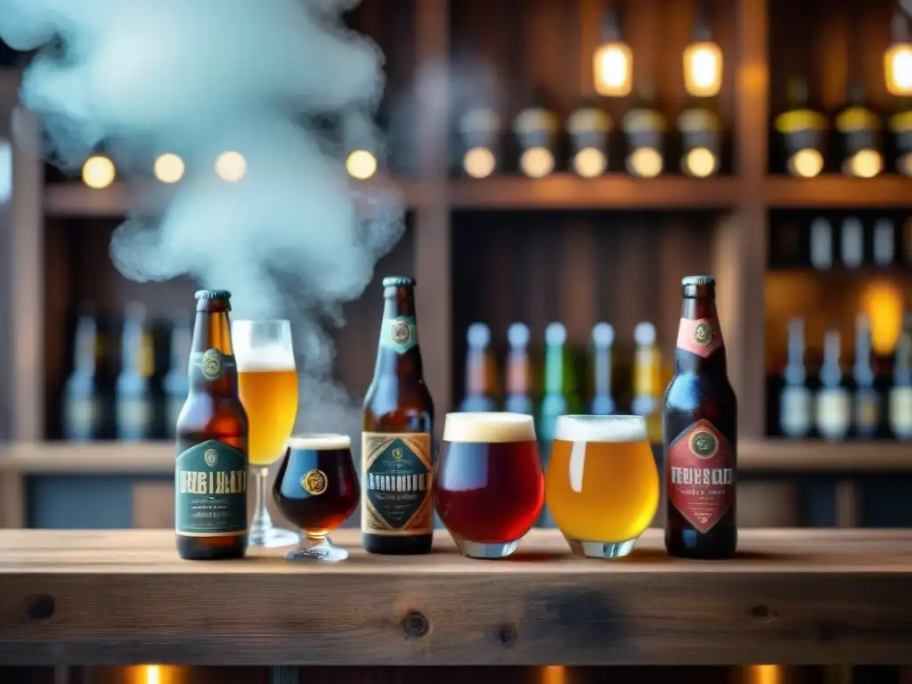 Variedad de sours cervezas artesanales sabores en bar rústico, con colores y texturas únicas bajo cálida luz