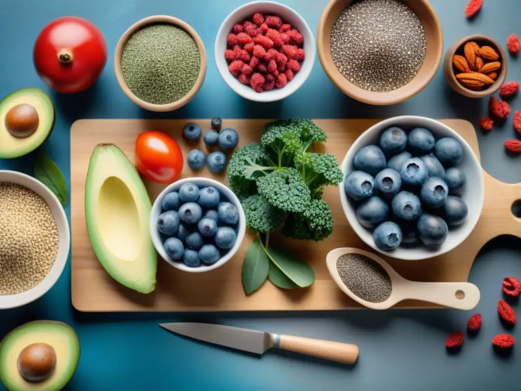 Variedad de superalimentos coloridos y frescos sobre tabla de madera