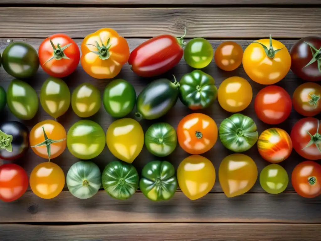 Una variedad de tomates antiguos y coloridos en una mesa de madera, resaltando la preservación de variedades de alimentos antiguos