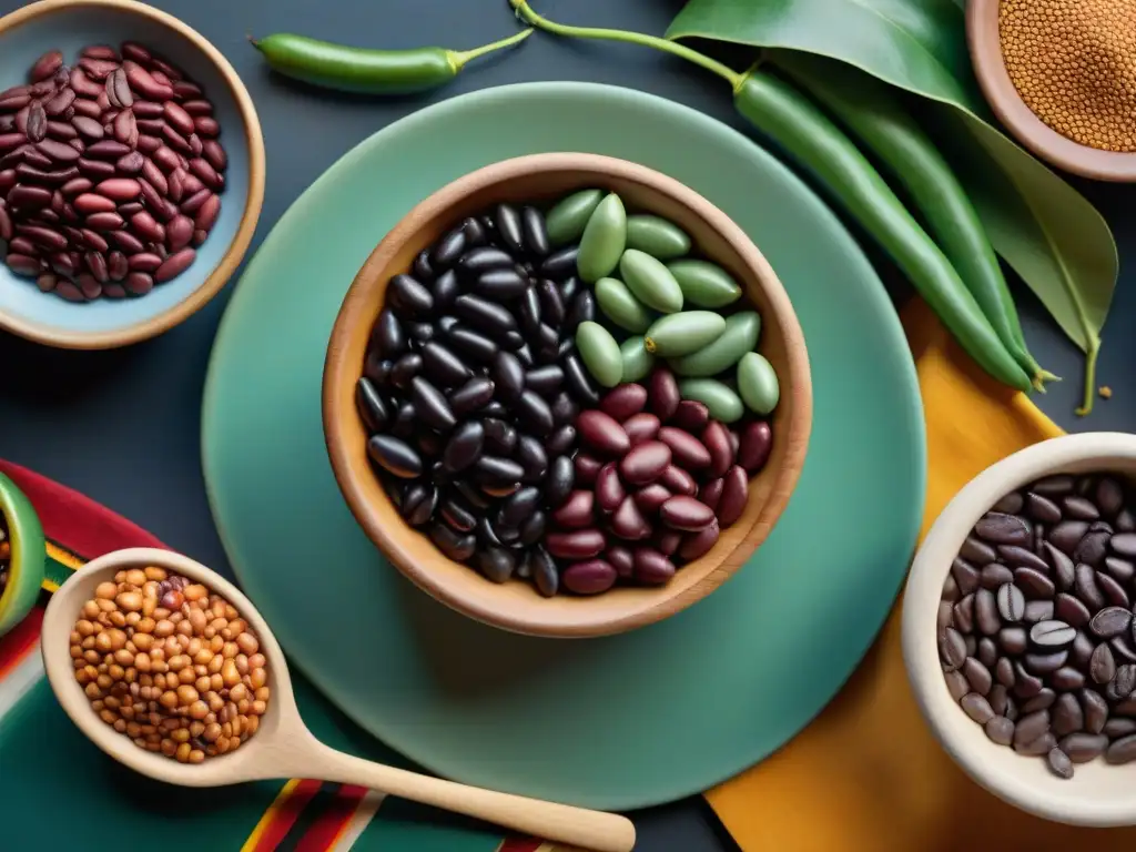 Variedades de frijoles mexicanos representadas con realismo en una cocina tradicional mexicana