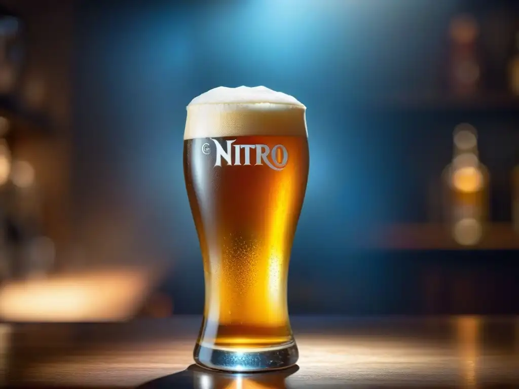 Un vaso de cerveza nitro con burbujas creando una suave y cremosa espuma, en un elegante bar