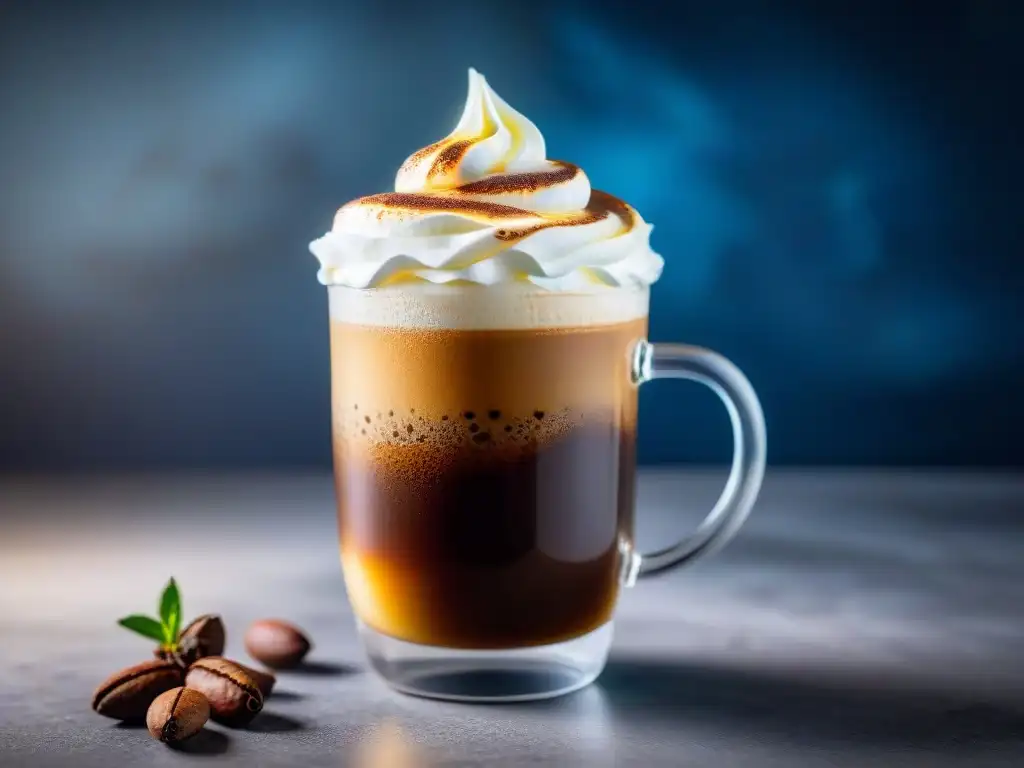 Un vaso helado con café oscuro, crema batida y un grano de café, goteando agua, en un ambiente elegante