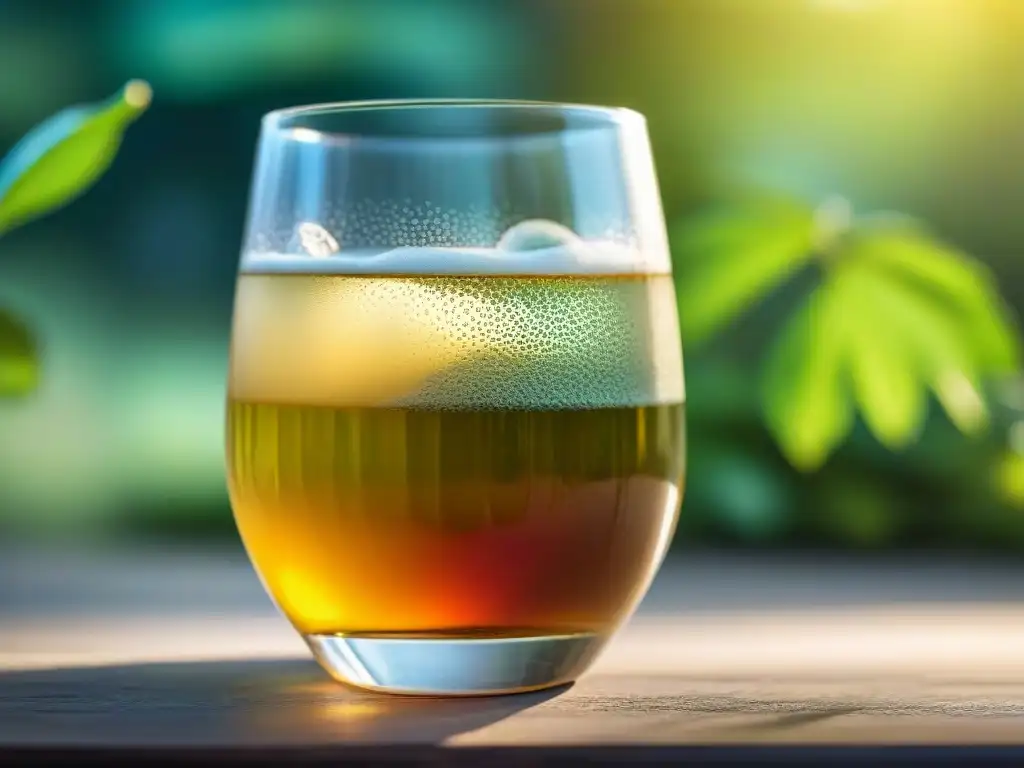 Vaso de kombucha burbujeante en jardín de té verde, evocando los beneficios para la salud y la digestión