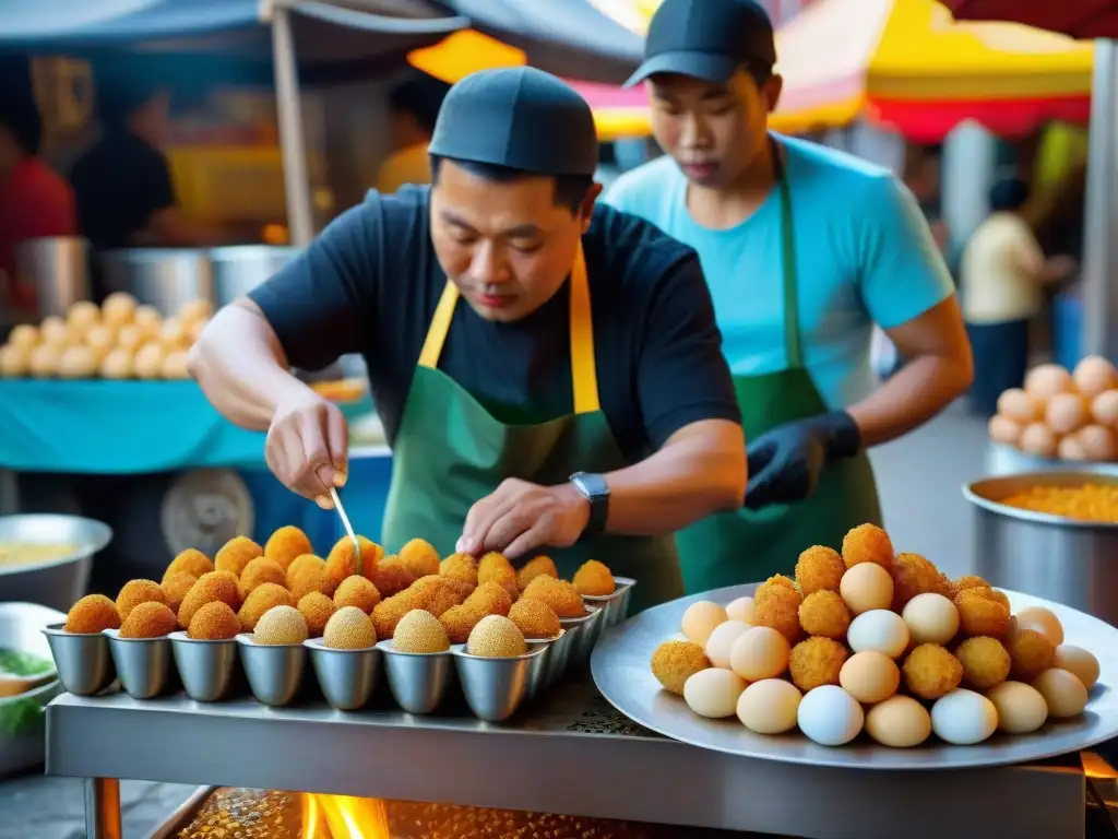 Un vendedor callejero experto sumerge huevos de codorniz frescos en aceite dorado, creando el mejor Kwek Kwek filipino sabor en un bullicioso mercado