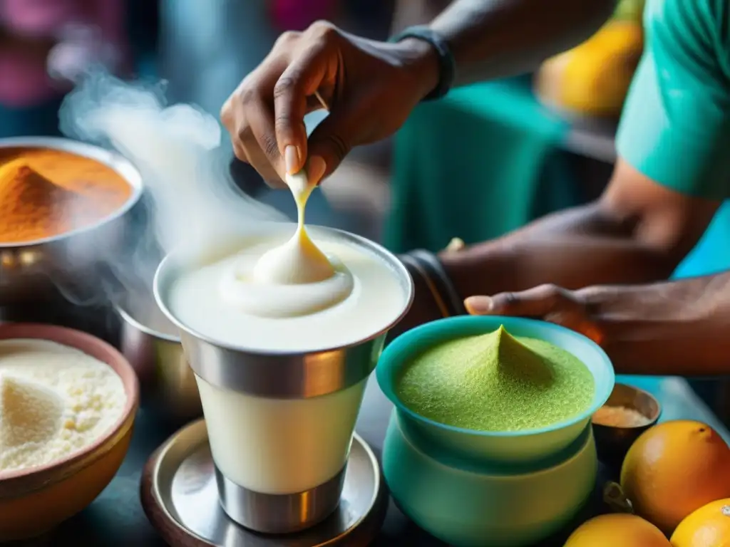 Un vendedor callejero en India prepara un Lassi tradicional en un mercado vibrante, mezclando yogurt, frutas y especias