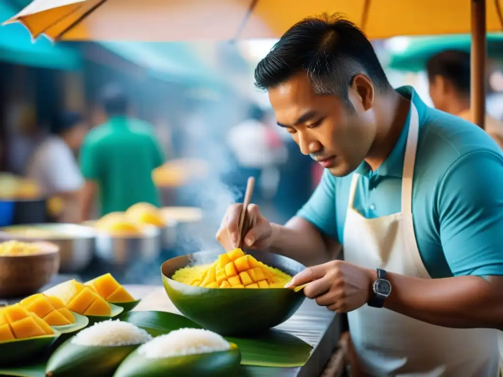 Un vendedor callejero en Tailandia preparando Mango Sticky Rice en un bullicioso mercado