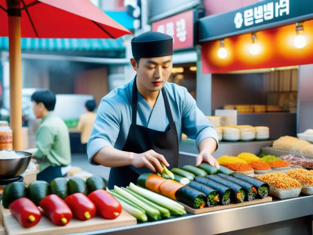 Un vendedor coreano experto preparando Kimbap en un bullicioso mercado callejero