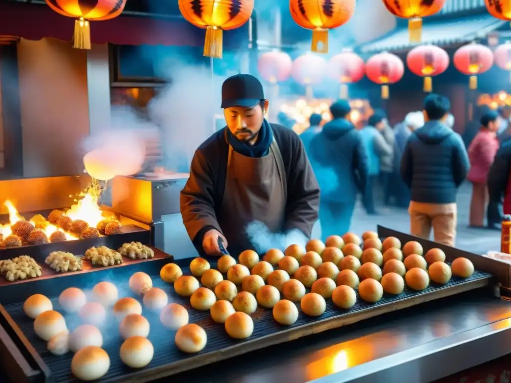 Vendedor de Takoyaki japonés experto en Osaka, con esferas doradas y secretos Takoyaki japoneses deliciosos en mercado nocturno vibrante