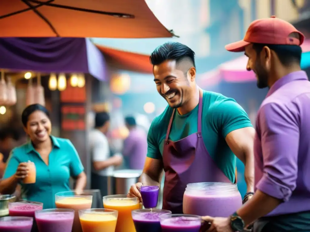 Vendedores preparando bebidas artesanales en mercado de comida callejera en América Latina