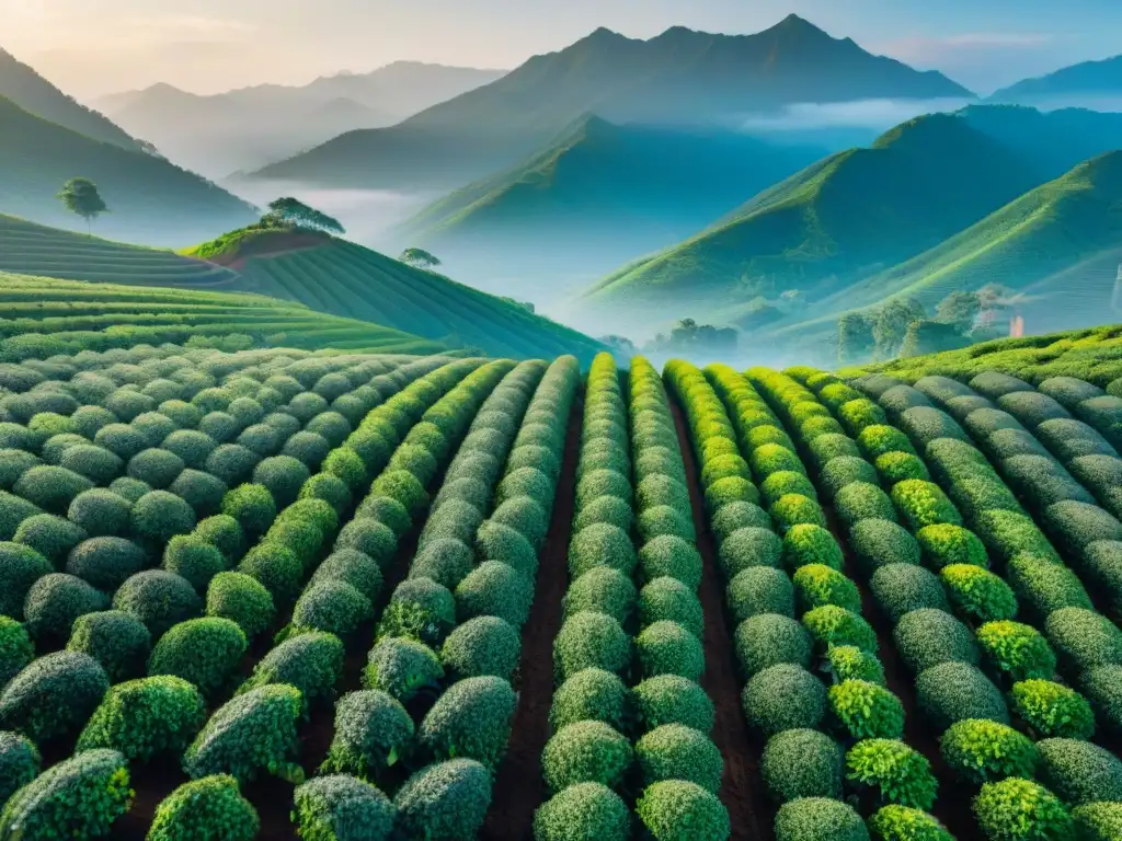 Plantación de té verde exuberante bajo el cielo azul, con montañas al fondo