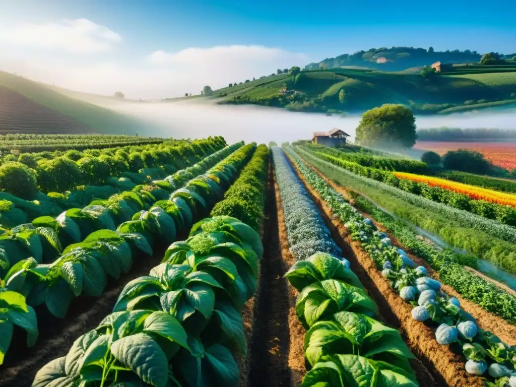 Un vergel orgánico vibrante con frutas y verduras coloridas, abejas revoloteando y un arroyo serpenteante