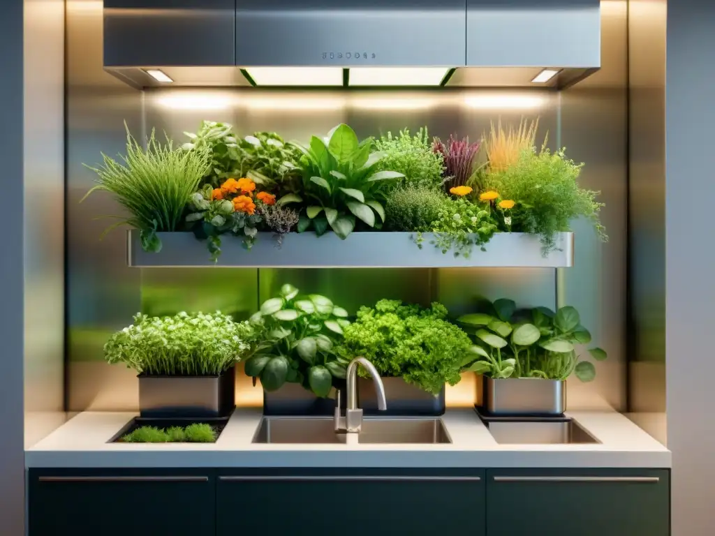 Un jardín vertical en la cocina gourmet: hierbas, microgreens y flores comestibles en macetas verticales, detalle hiperrealista