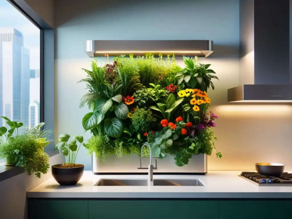 Un jardín vertical interior ultradetallado con tecnologías verdes en una cocina urbana